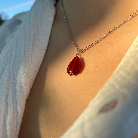 Red Teardrop Necklace with Silver Chain - Picture 4 of 5